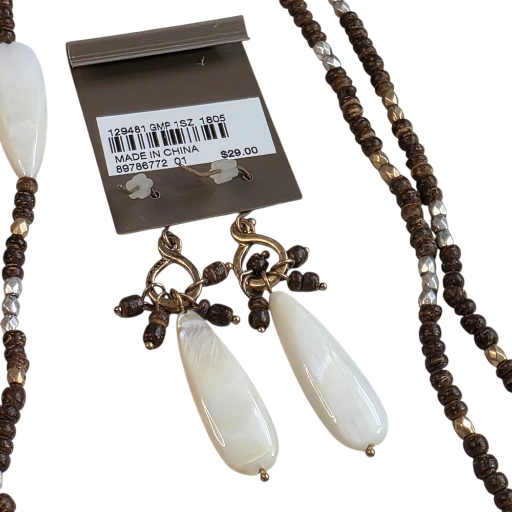 J Jill Mother of Pearl Necklace and Earring Set White Wood Bead Boho Coastal New - Picture 9 of 9